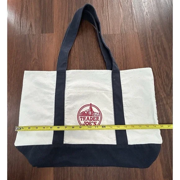 Trader Joe's Reusable Canvas Eco Tote Bag Heavy Duty Bag Blue White - Picture 5 of 11